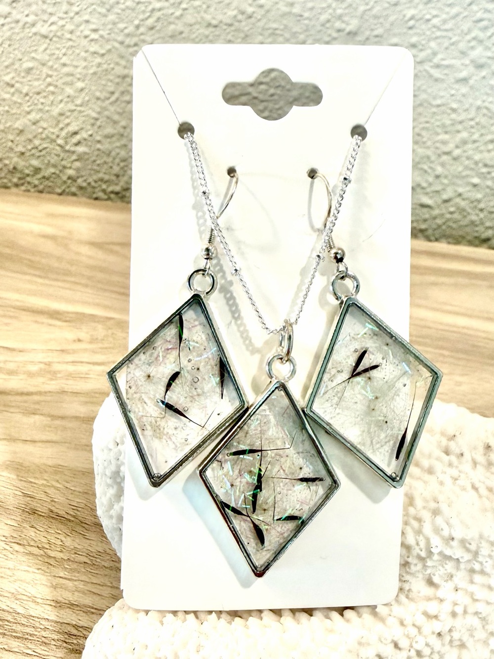 21. Silver-Tone Iridescent Resin Pendant Necklace & Earrings Set with dandelions